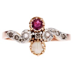 Antique French 19th Century Garnet Fine Pearl Diamonds 18 Karat Rose Gold Ring