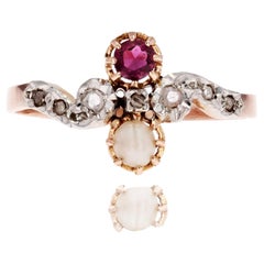 French 19th Century Garnet Fine Pearl Diamonds 18 Karat Rose Gold Ring