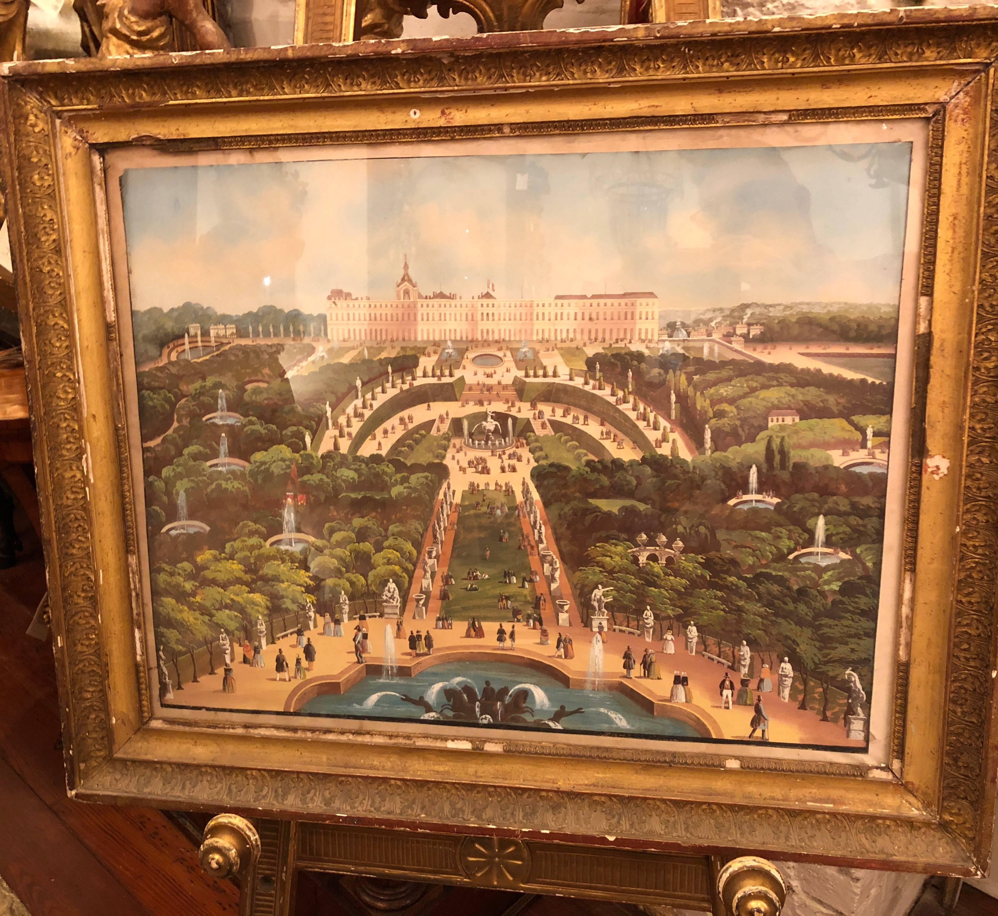 French 19th century Gouache of Versailles and gardens. In frame of same period. Exceptional detail in a slight naive style.
