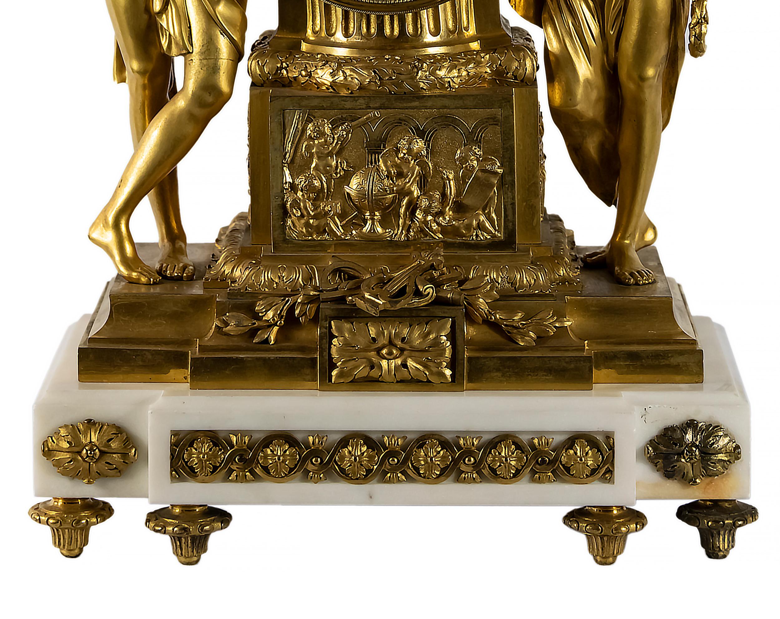 Gilt French 19th Century Gilded Bronze and Marble Mantel Clock Caron Le Fils A Paris For Sale