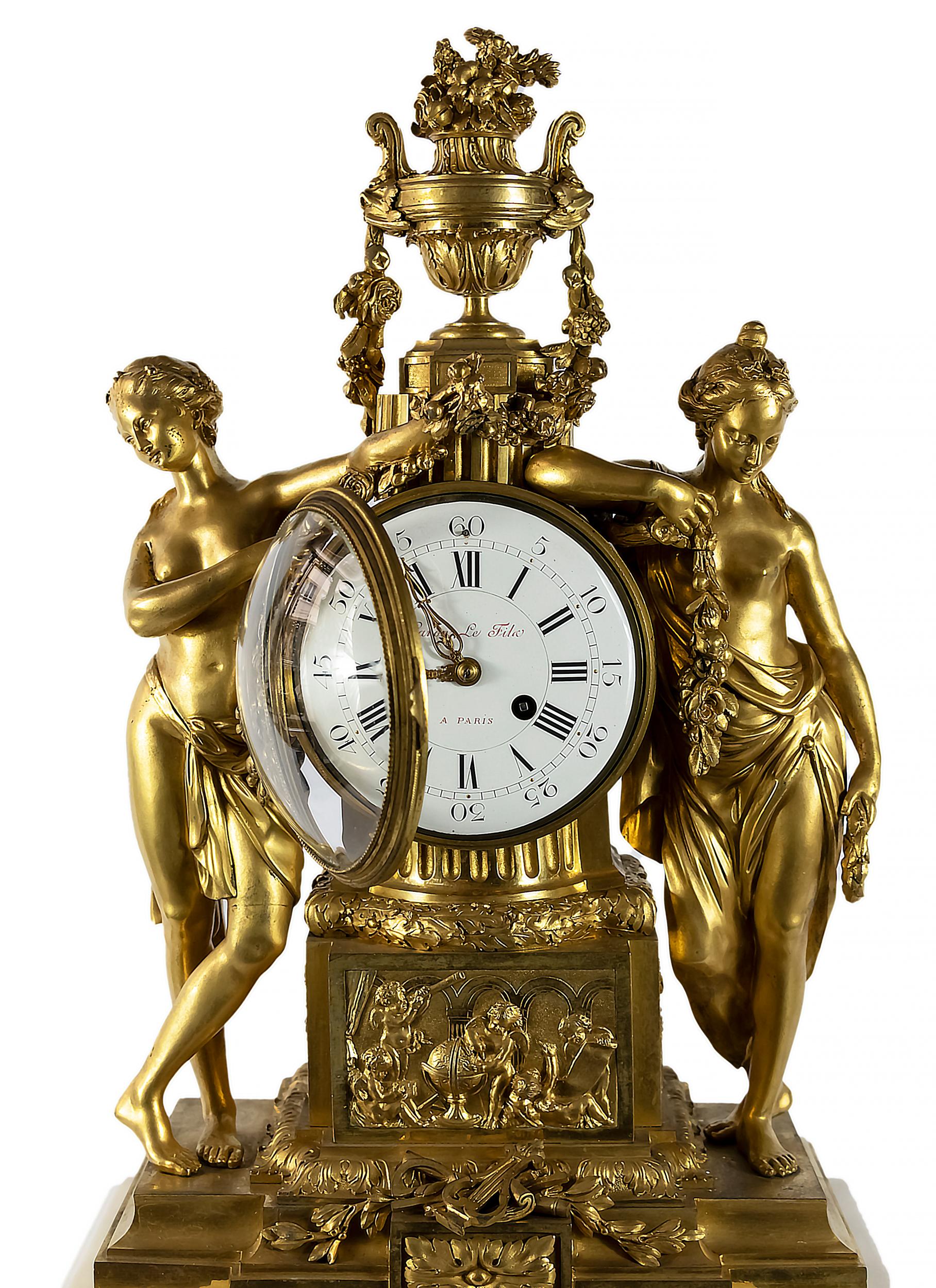 French 19th Century Gilded Bronze and Marble Mantel Clock Caron Le Fils A Paris For Sale 1