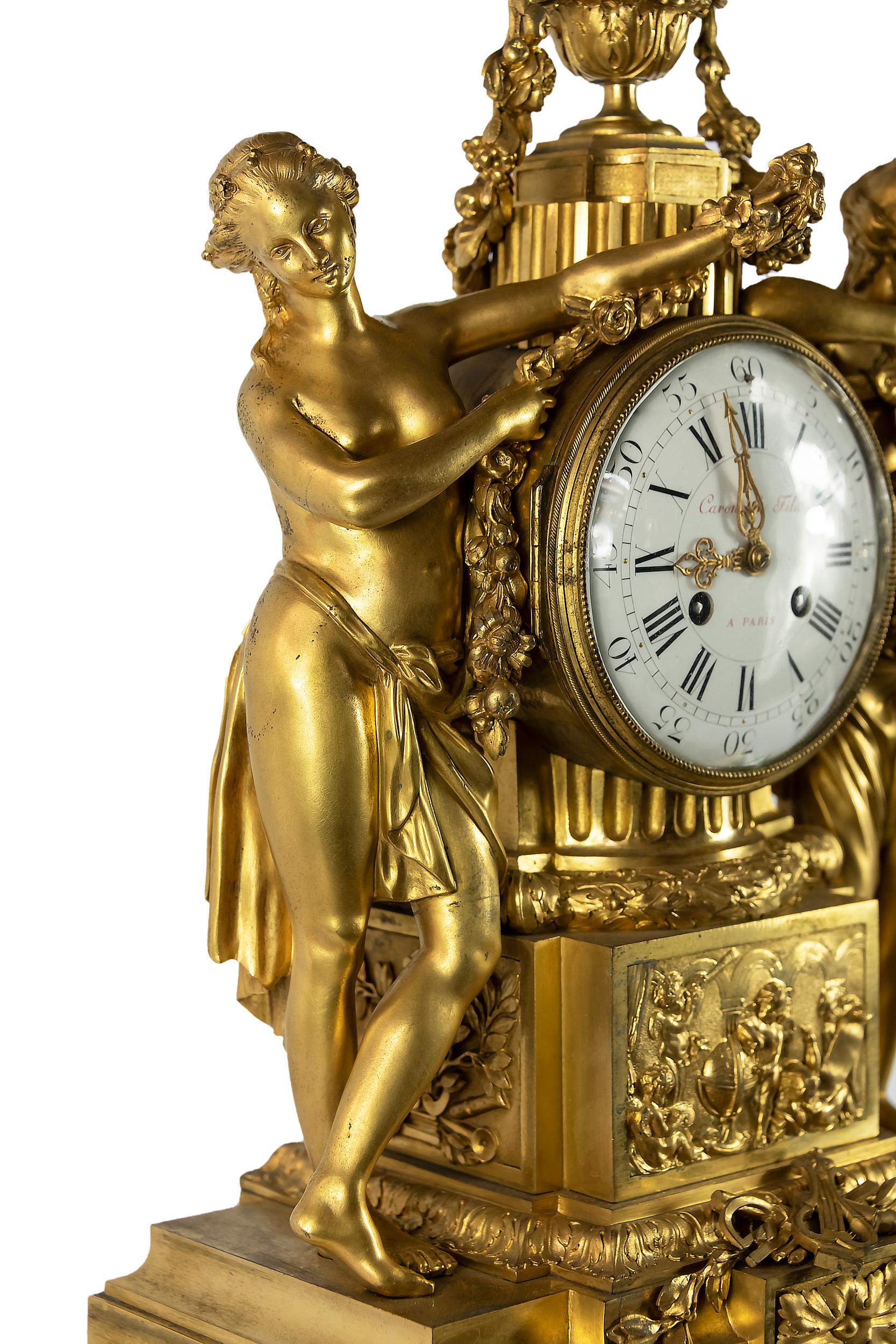 French 19th Century Gilded Bronze and Marble Mantel Clock Caron Le Fils A Paris For Sale 4