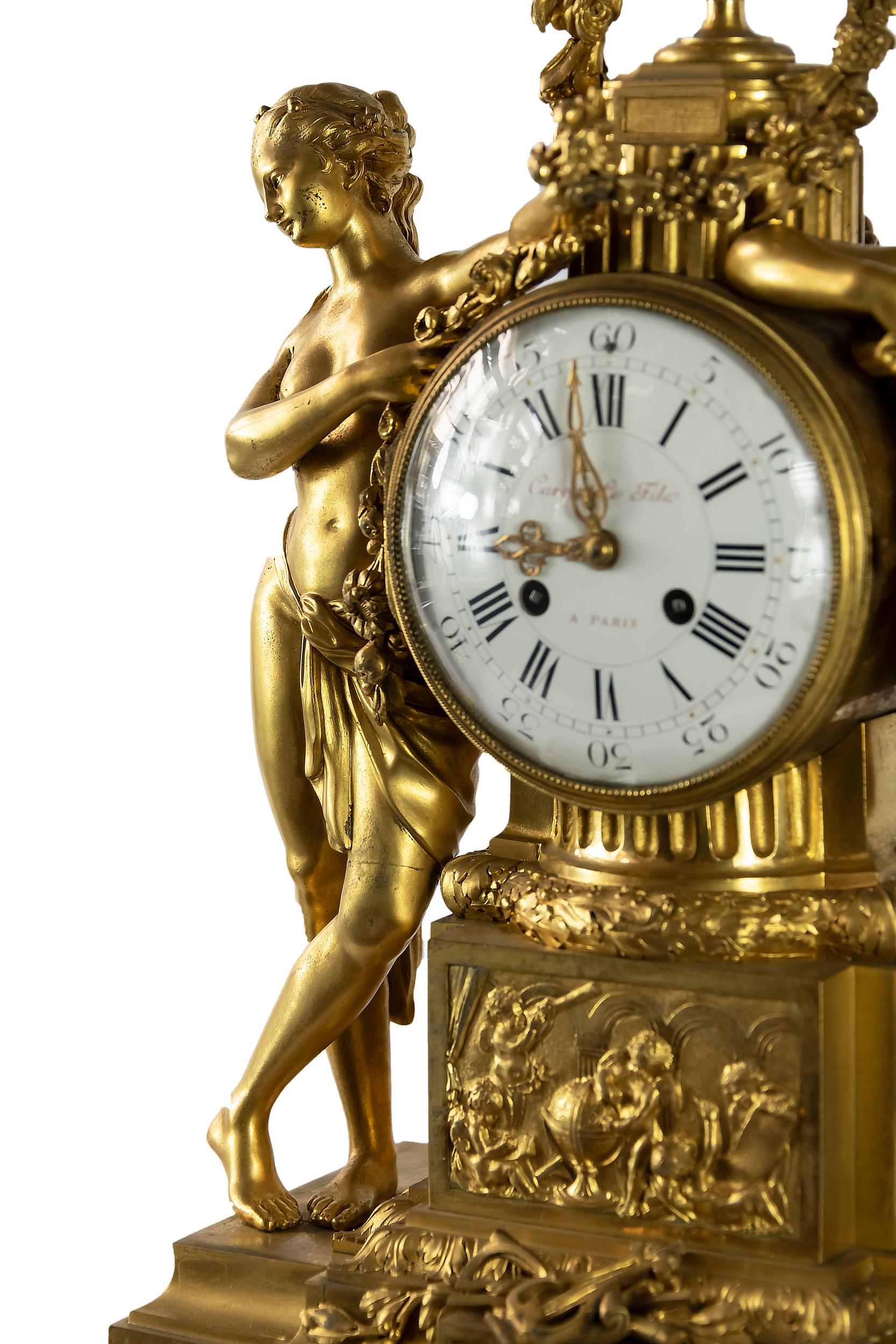 French 19th Century Gilded Bronze and Marble Mantel Clock Caron Le Fils A Paris For Sale 5