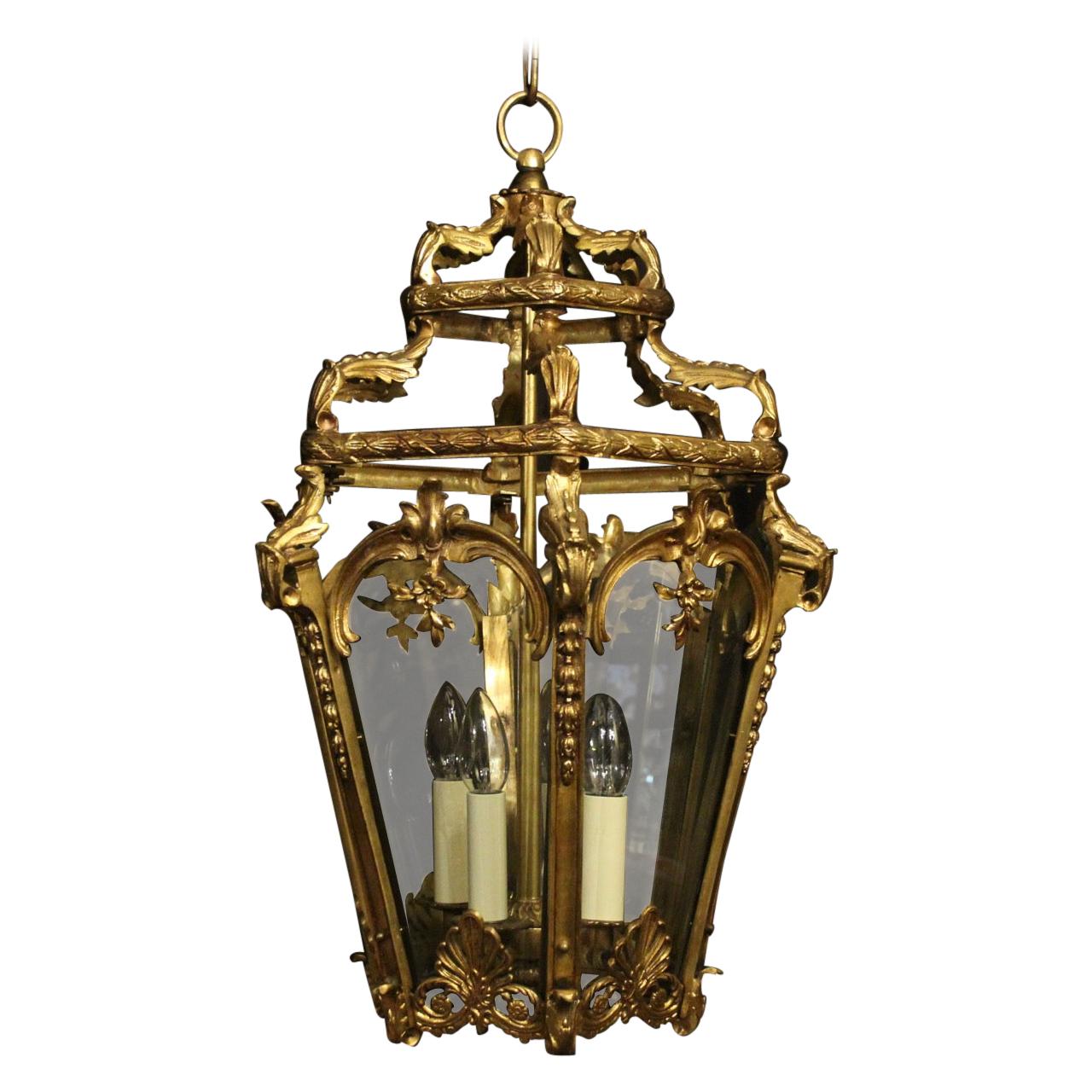 French 19th Century Gilded Bronze Antique Hall Lantern For Sale