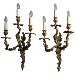 French 19th Century Gilded Bronze Triple Arm Wall Sconces
