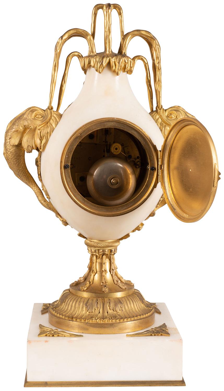 Carved French 19th Century Gilded Ormolu and Marble Mantle Clock For Sale