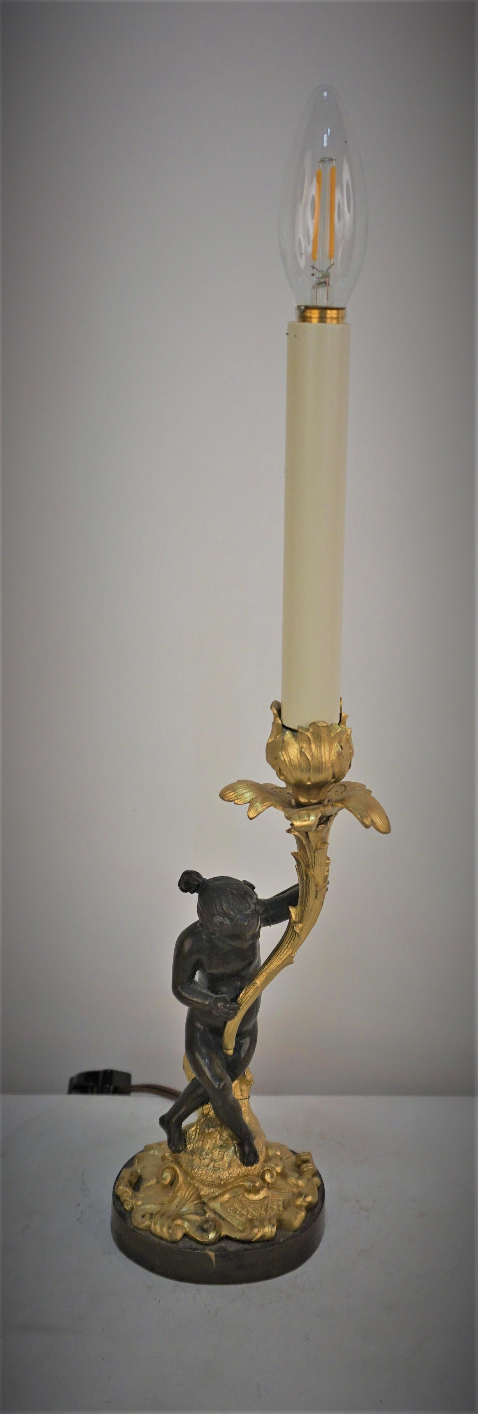 French 19th Century Gilt and Oxidized Bronze Candlestick Lamp  For Sale 8