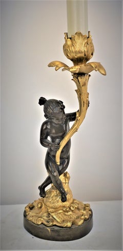 French 19th Century Gilt and Oxidized Bronze Candlestick Lamp