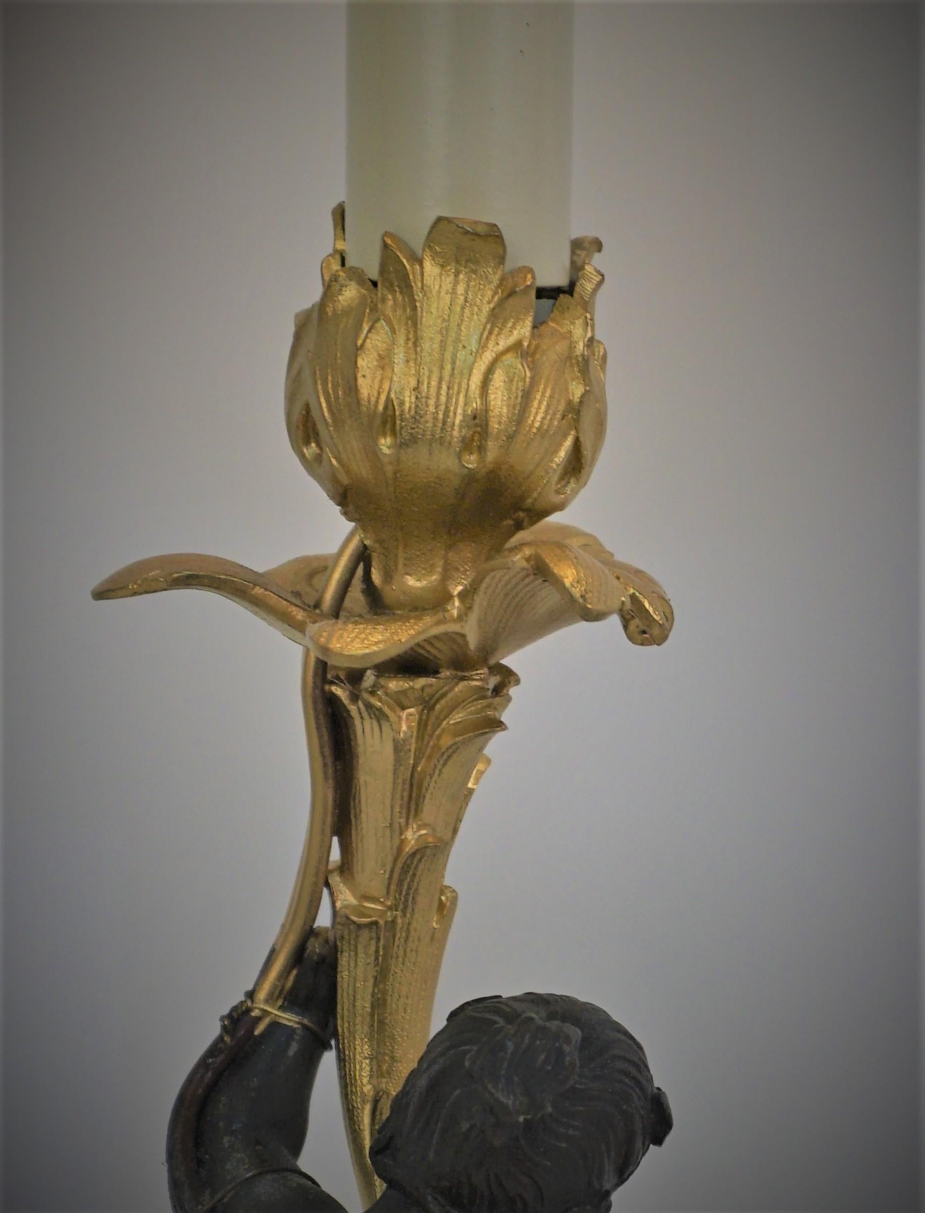 French 19th Century Gilt and Oxidized Bronze Candlestick Lamp  For Sale 3