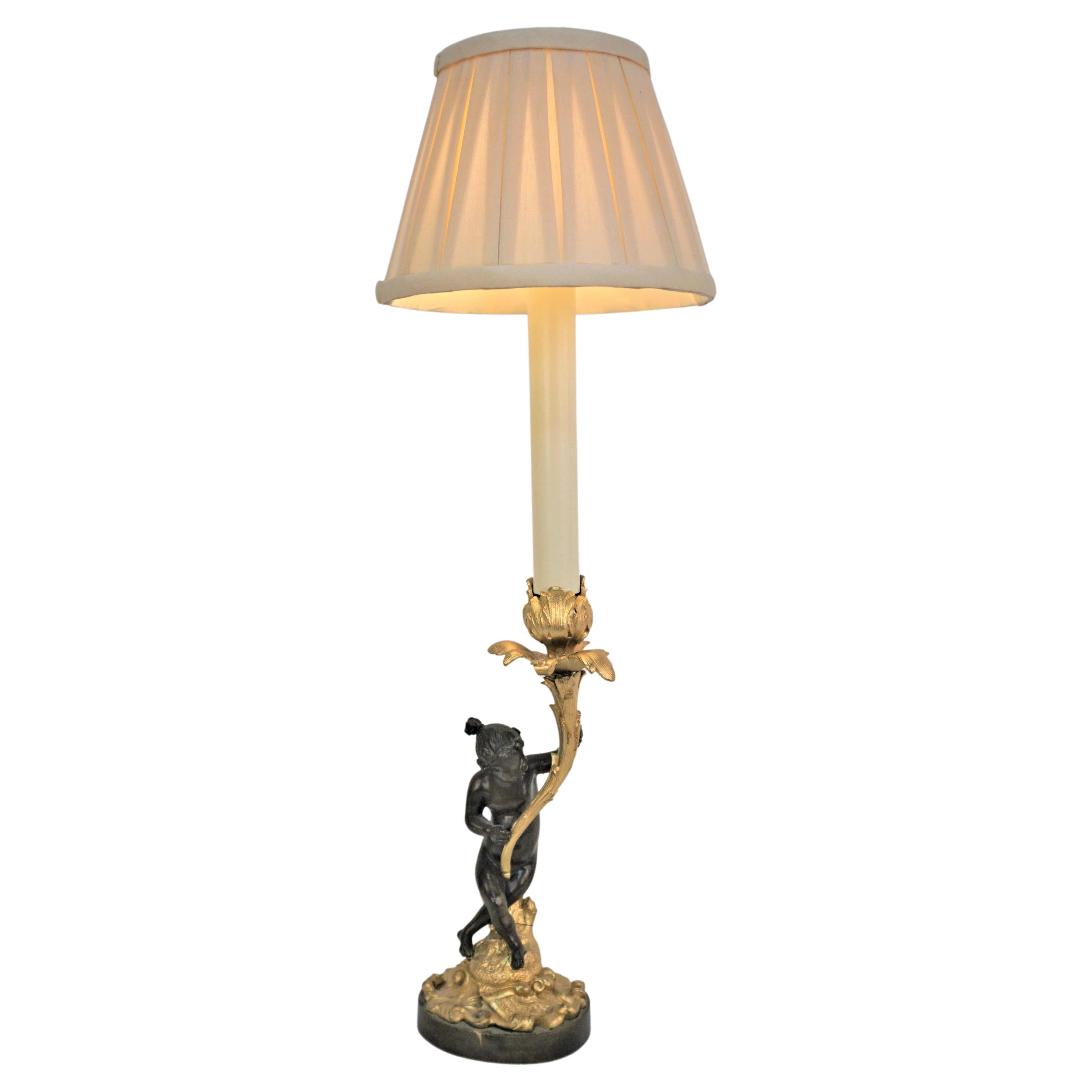 French 19th Century Gilt and Oxidized Bronze Candlestick Lamp  For Sale
