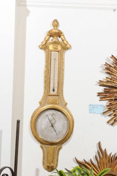 French 19th Century Gilt and Painted Wood Barometer with Urn Carved Crest