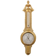 French 19th Century Gilt and Painted Wood Barometer with Urn Carved Crest