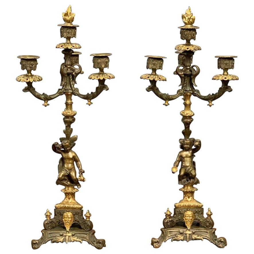 French 19th Century Gilt Bronze 3 Branch Candelabras with Candle Snuffers, Pair