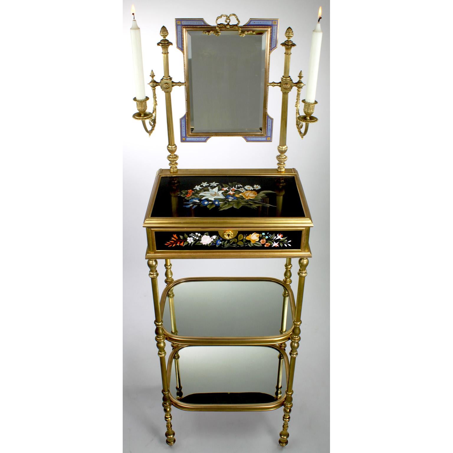 Néo-rococo Support de coiffeuse français du 19ème siècle en bronze doré et Pietra Dura, attribué à Tahan, Paris en vente