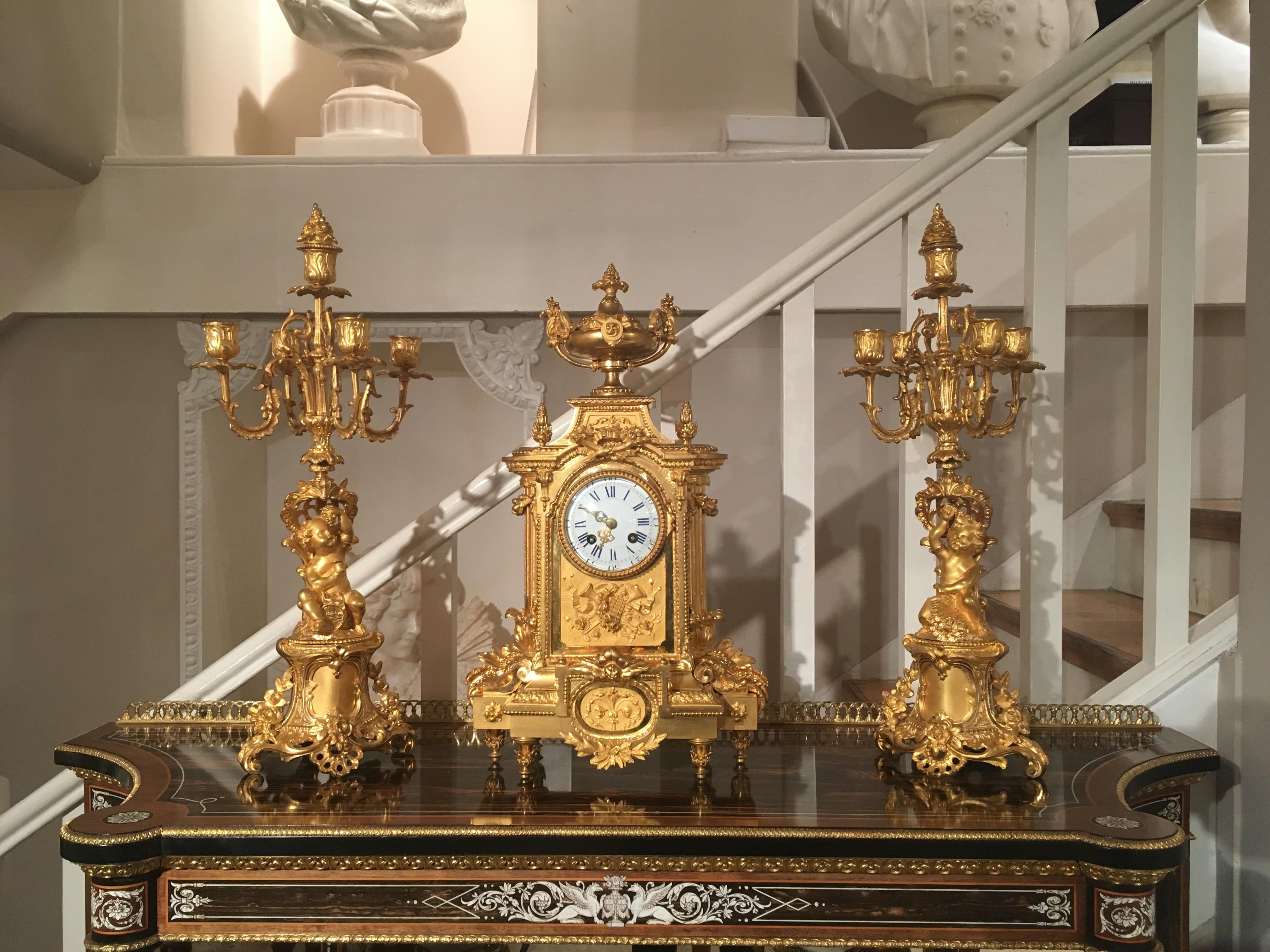 Belle Époque Exceptional French 19th Century Gilt Bronze Mantel Clock and Candelabra Set For Sale