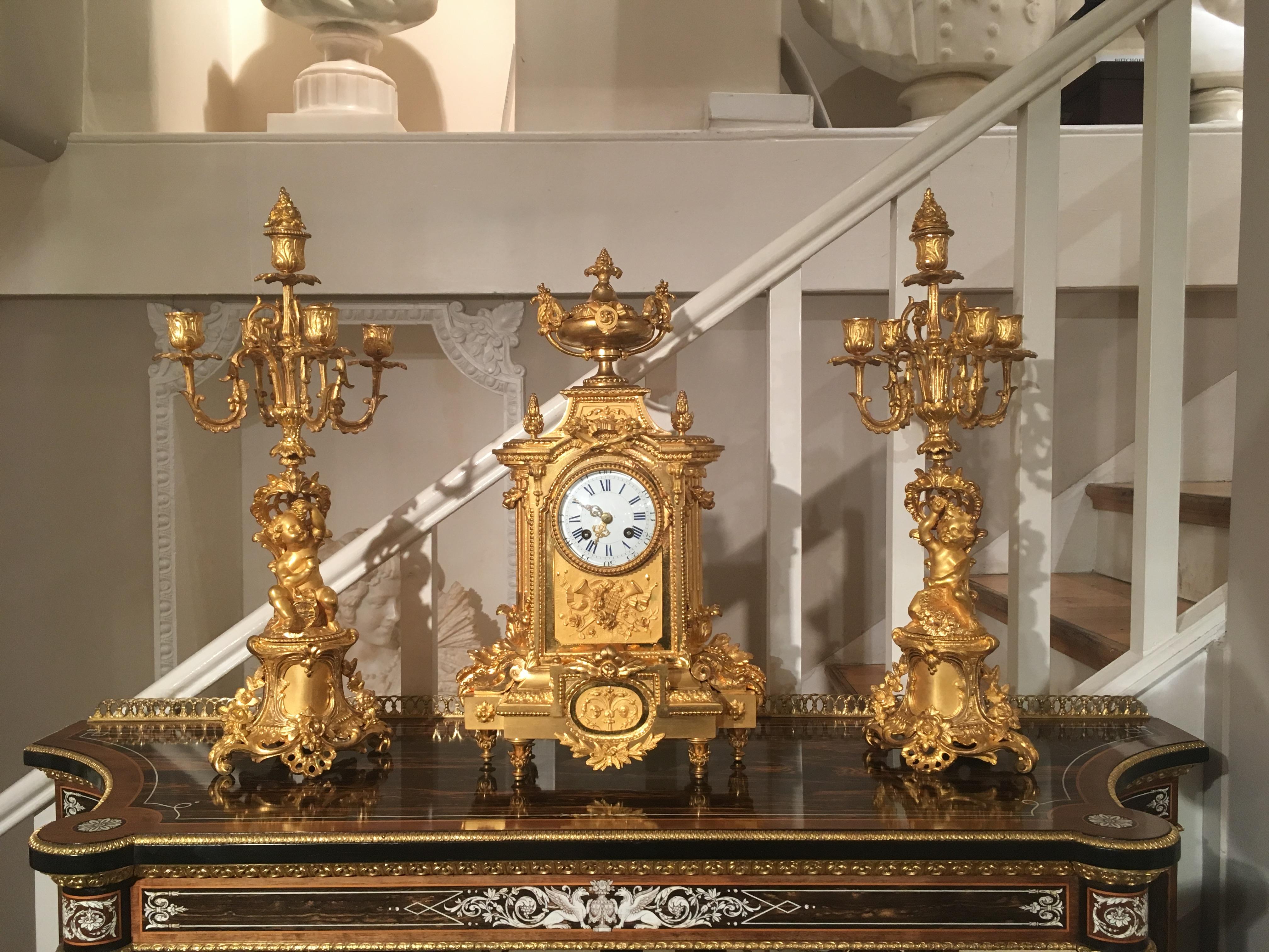 Exceptional French 19th Century Gilt Bronze Mantel Clock and Candelabra Set In Excellent Condition For Sale In London, GB