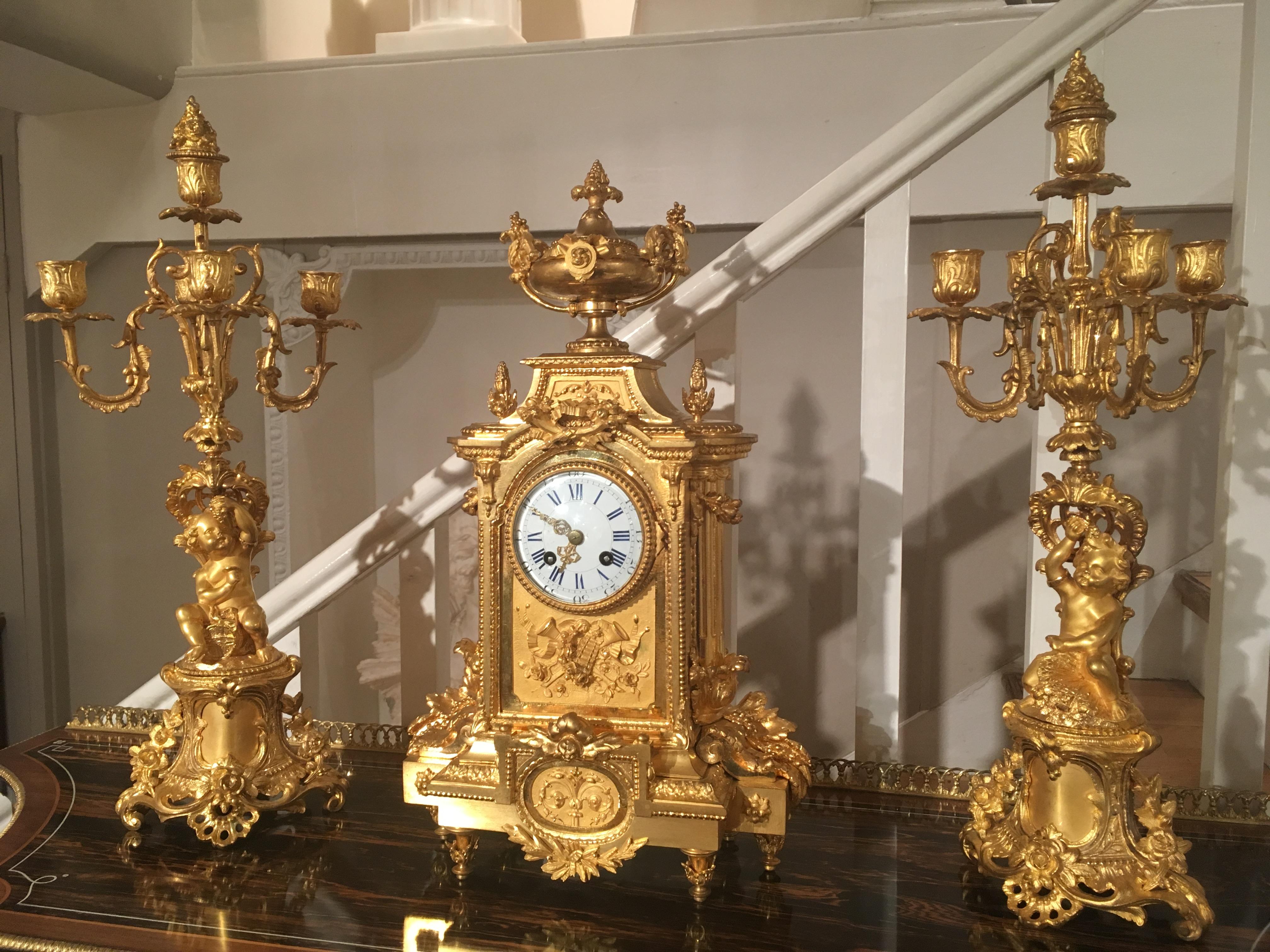 Ormolu French 19th Century Gilt Bronze Mantel Clock and Candelabra For Sale