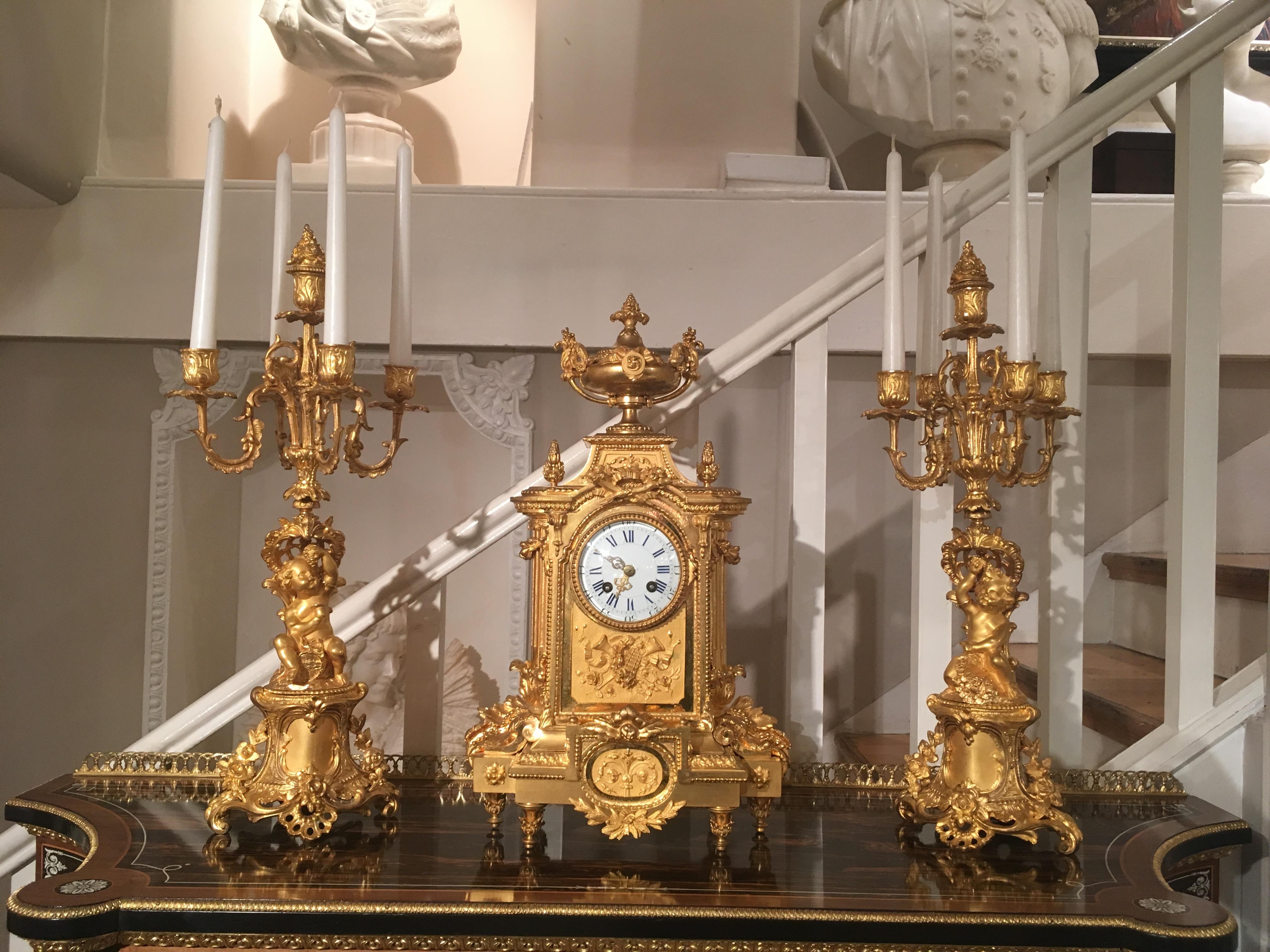 Exceptional French 19th Century Gilt Bronze Mantel Clock and Candelabra Set For Sale 1