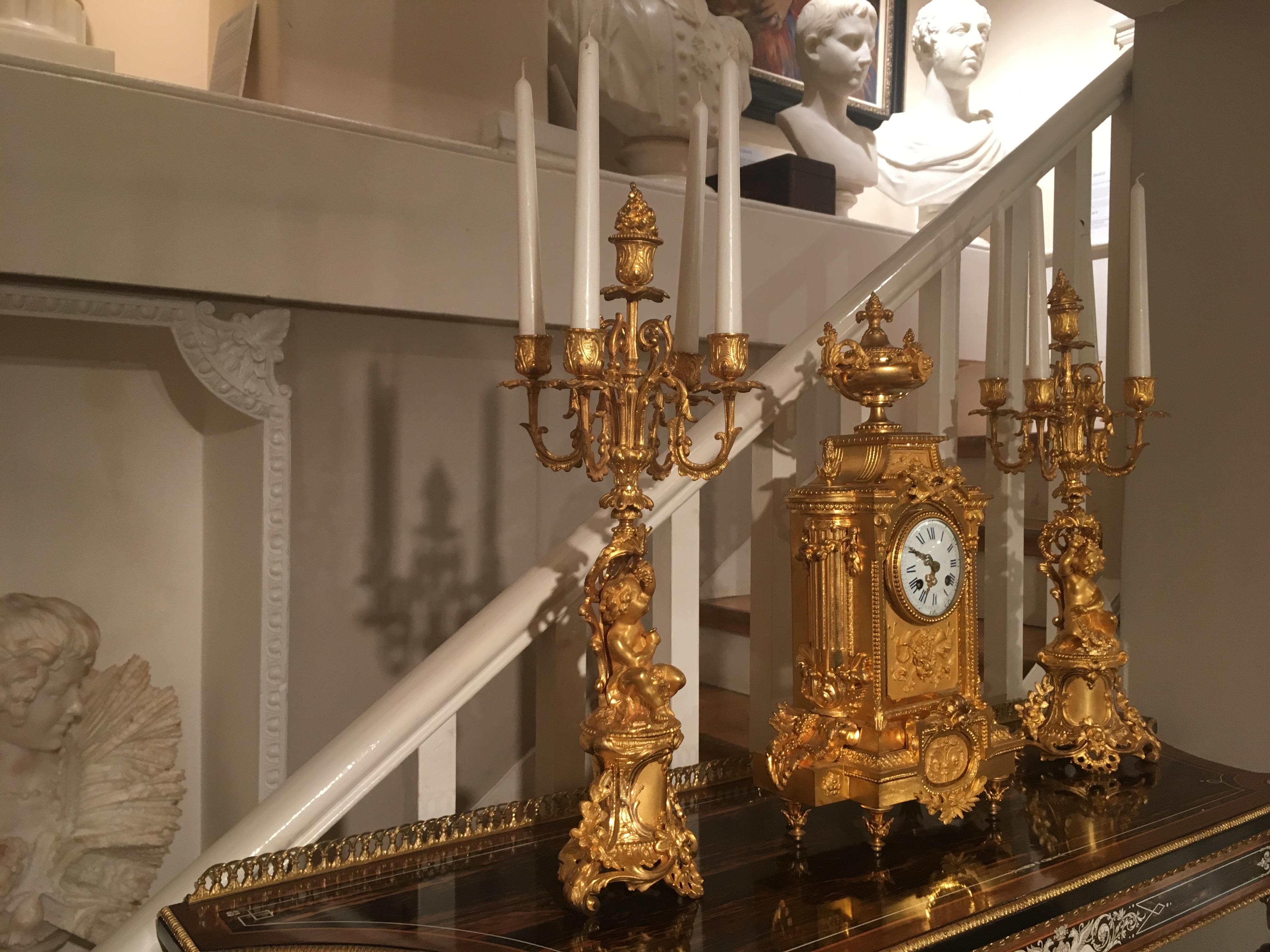 French 19th Century Gilt Bronze Mantel Clock and Candelabra For Sale 2