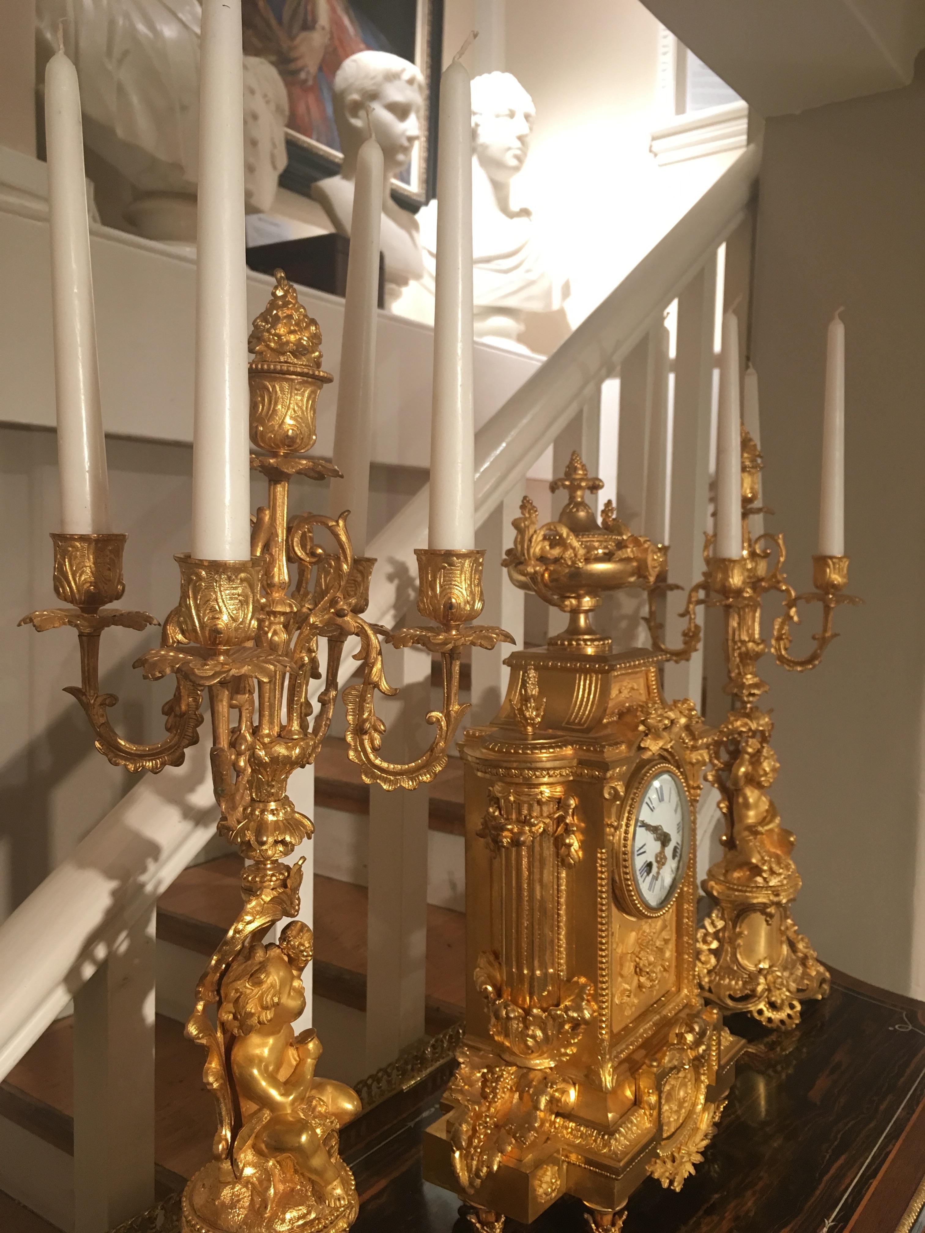 French 19th Century Gilt Bronze Mantel Clock and Candelabra For Sale 3