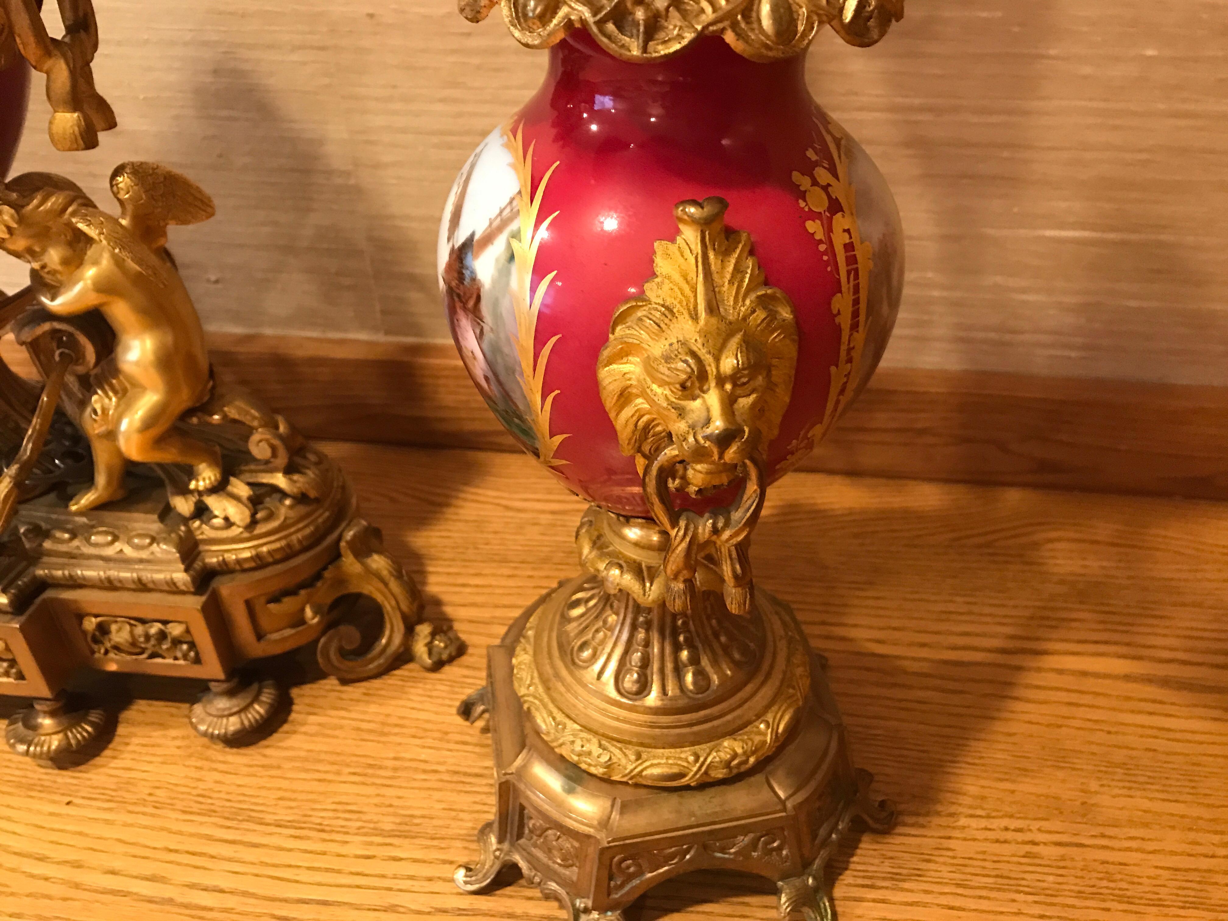 French 19th Century Gilt Bronze & painted Porcelain Figural Garniture Clock Set For Sale 4