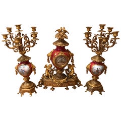 French 19th Century Gilt Bronze & painted Porcelain Figural Garniture Clock Set