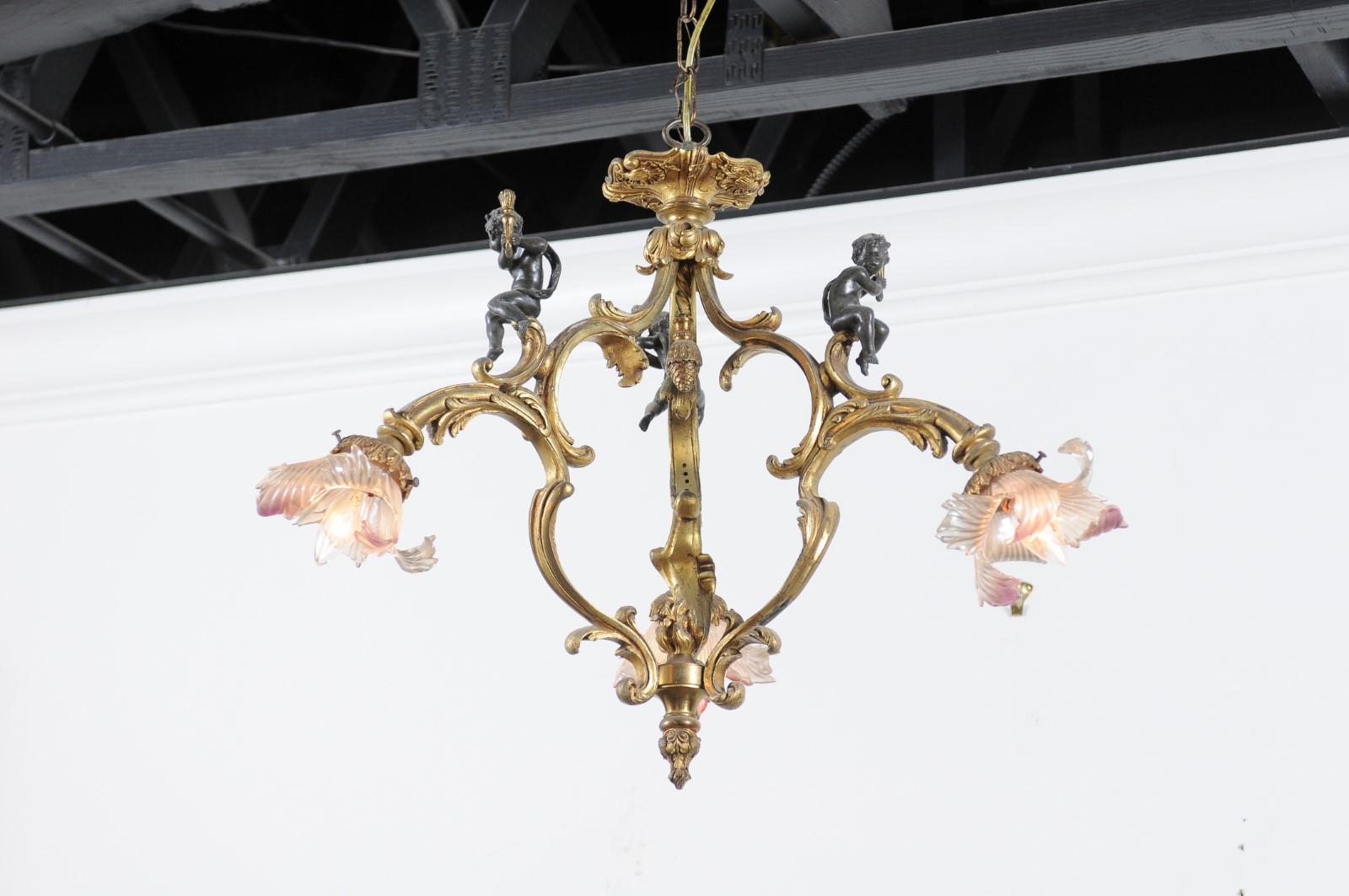 French 19th Century Gilt Bronze Three-Light Chandelier with Torch Bearing Putti 6