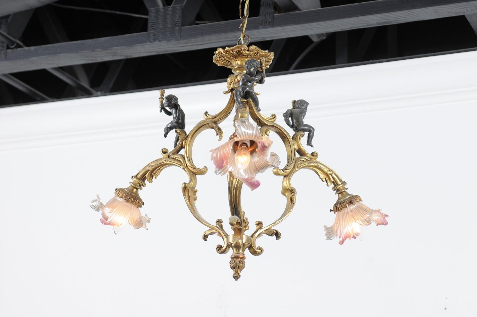 Blown Glass French 19th Century Gilt Bronze Three-Light Chandelier with Torch Bearing Putti
