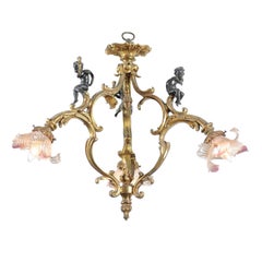 Used French 19th Century Gilt Bronze Three-Light Chandelier with Torch Bearing Putti