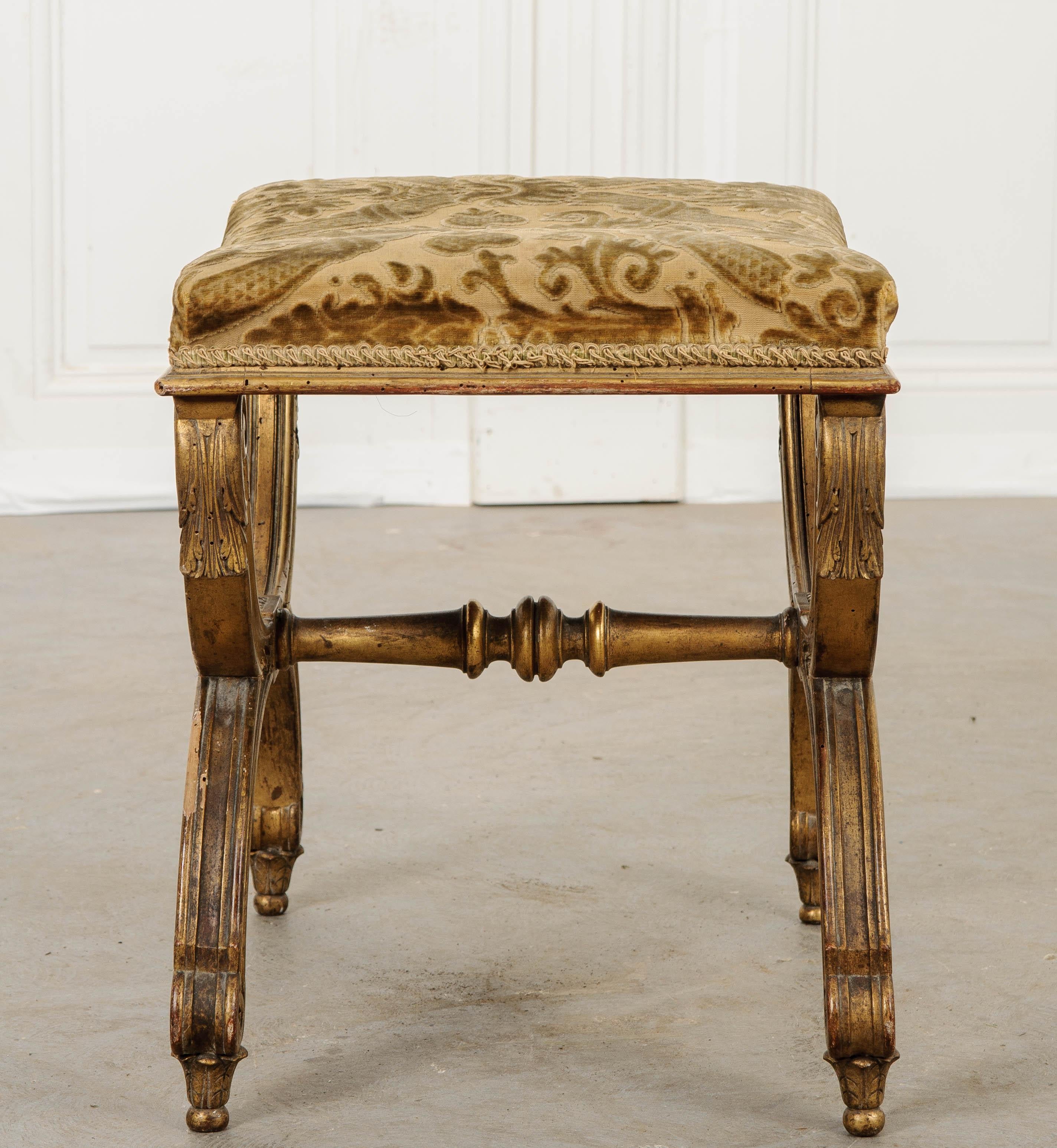 Velvet French 19th Century Gilt Empire-Style Bench