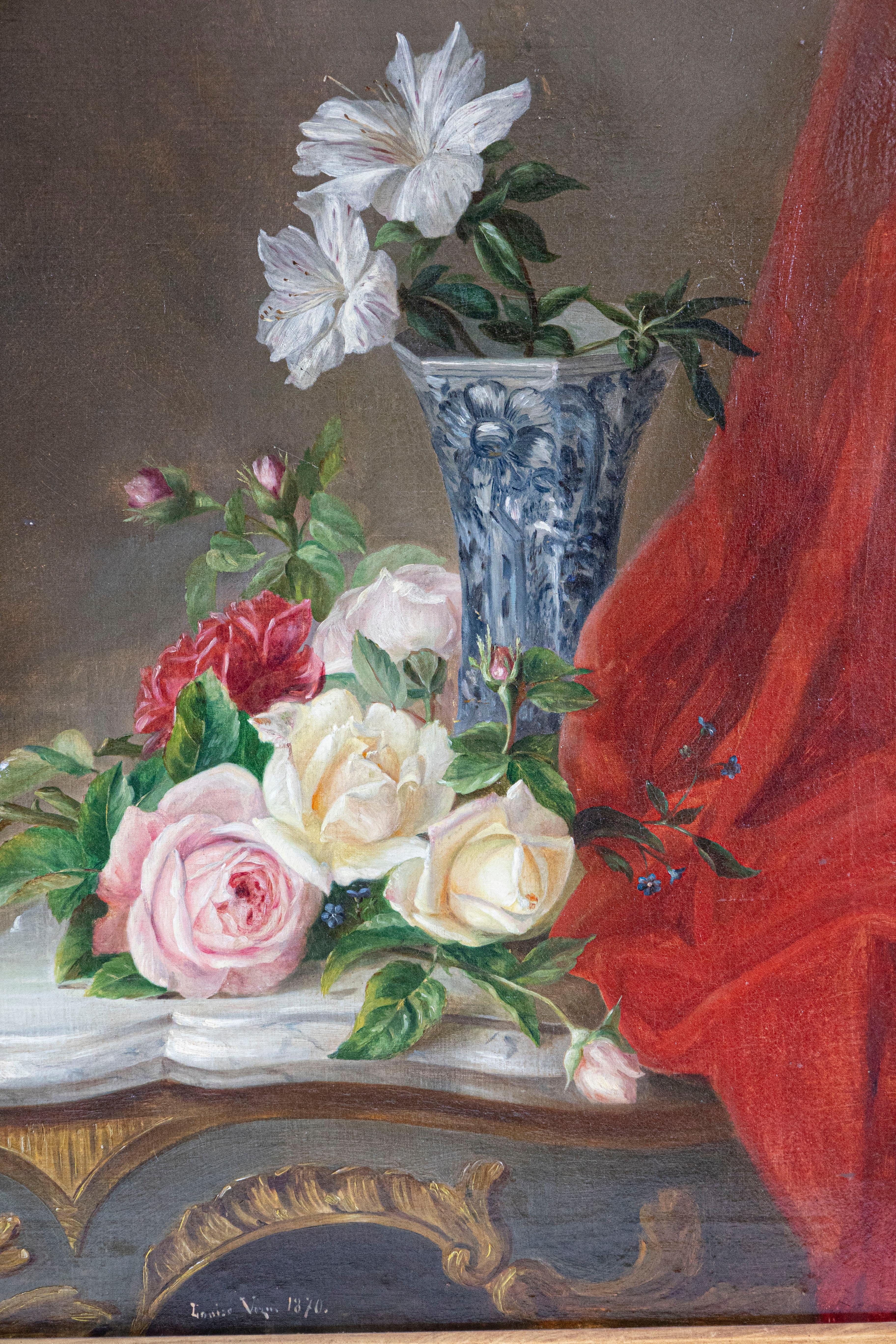 French 19th Century Gilt Frame Oil Painting Depicting Flowers on a Rococo Table In Good Condition For Sale In Atlanta, GA