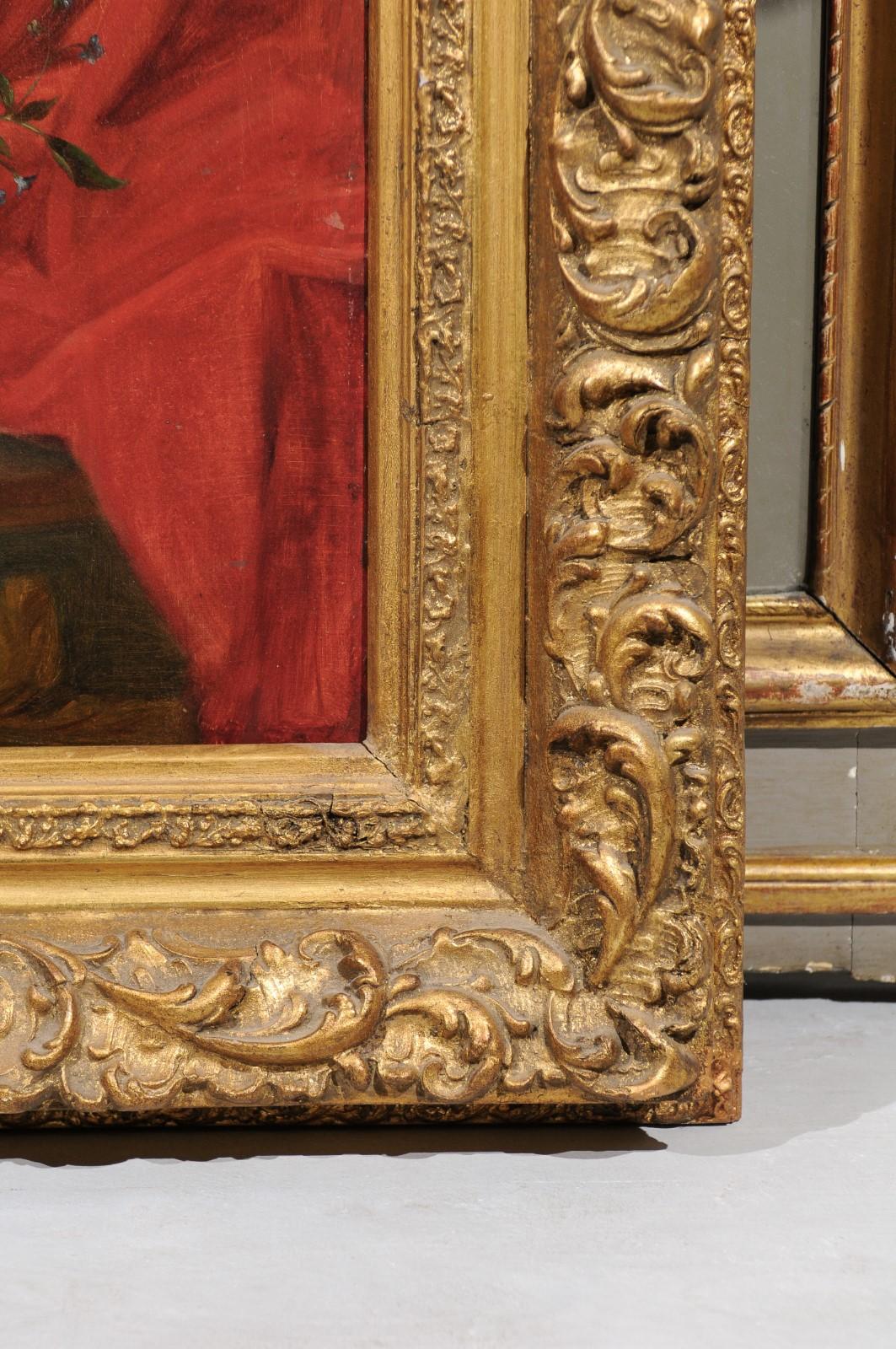 French 19th Century Gilt Frame Oil Painting Depicting Flowers on a Rococo Table For Sale 3
