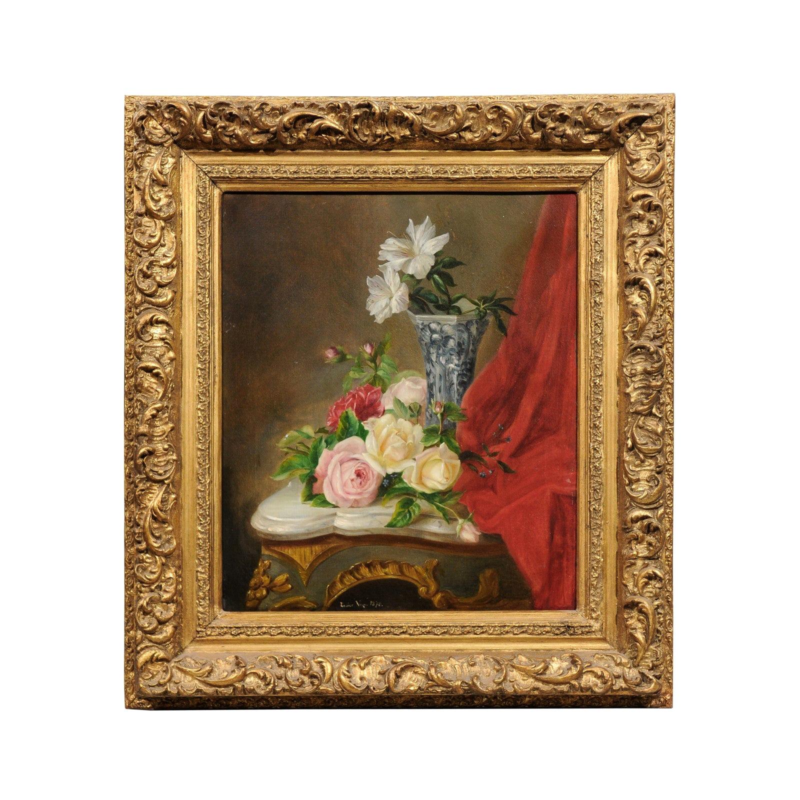 French 19th Century Gilt Frame Oil Painting Depicting Flowers on a Rococo Table For Sale