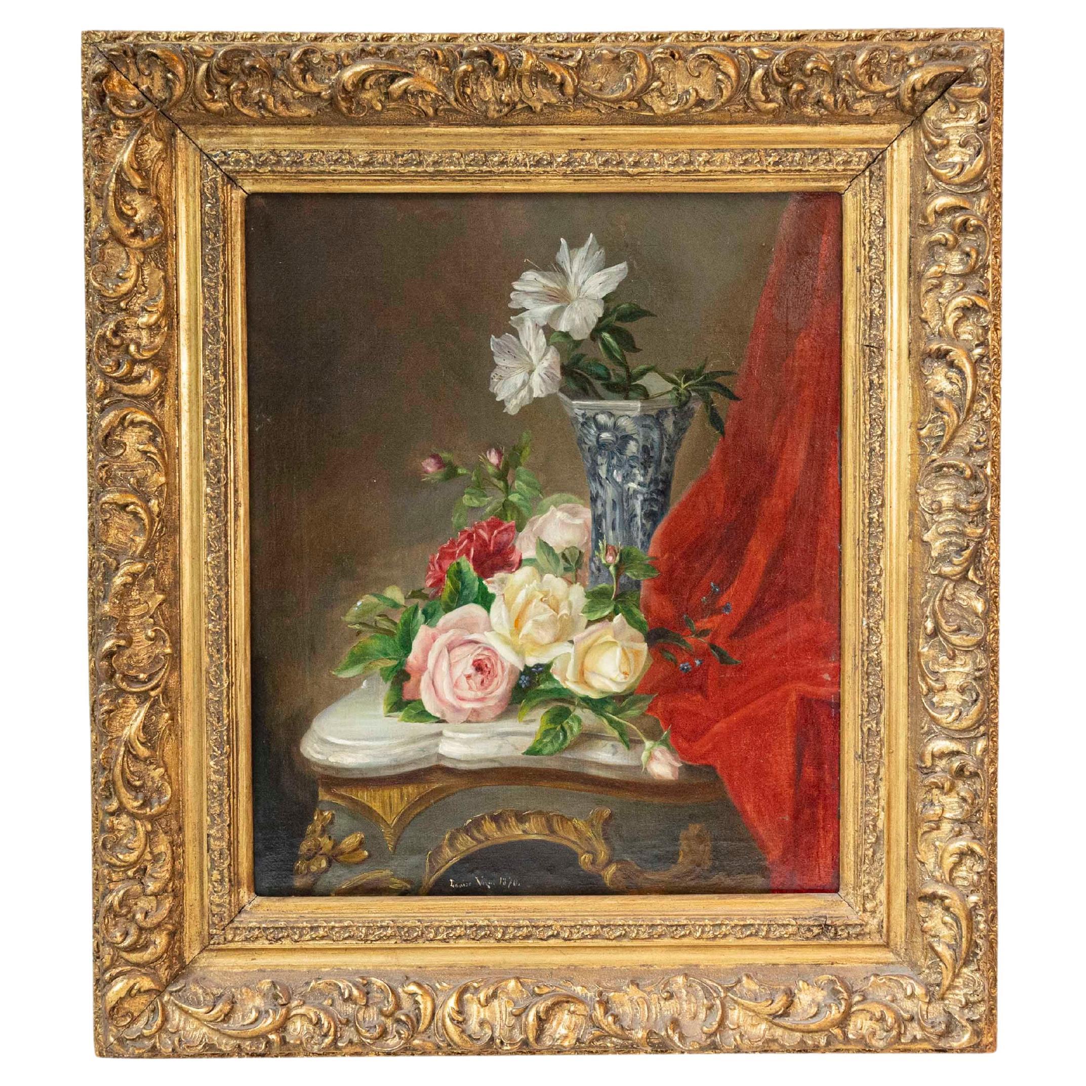 French 19th Century Gilt Frame Oil Painting Depicting Flowers on a Rococo Table For Sale