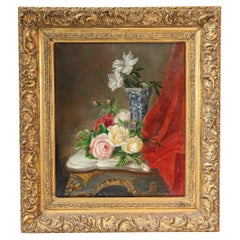 French 19th Century Gilt Frame Oil Painting Depicting Flowers on a Rococo Table