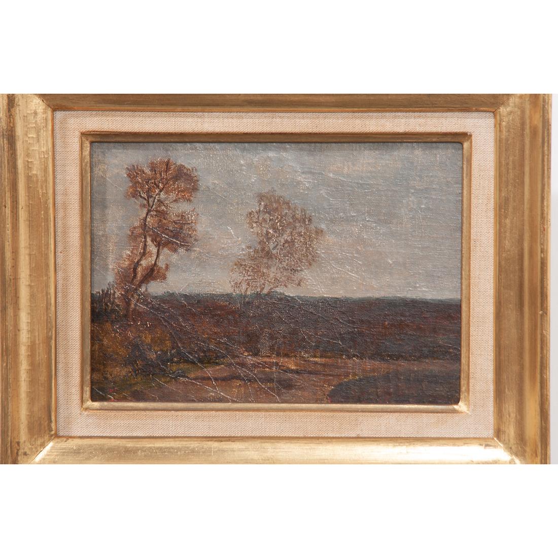 French oil painting on board of a landscape framed by a stacked gilt frame.
