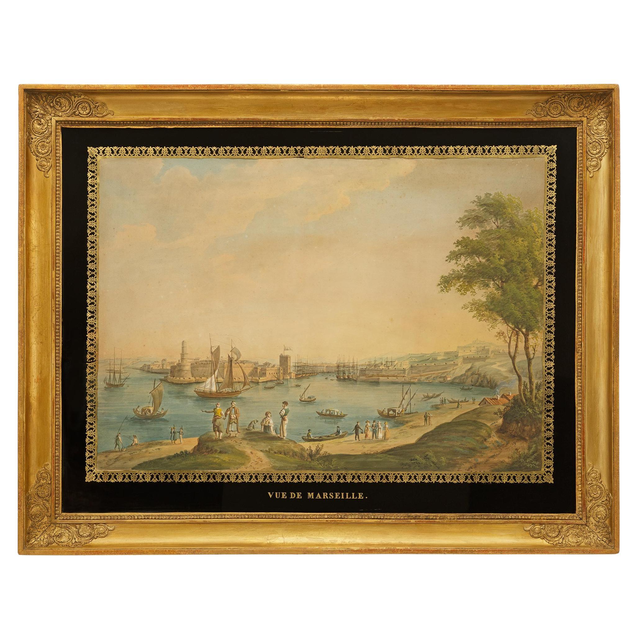 French 19th century Giltwood and Églomisé painting of Marseille in vendita