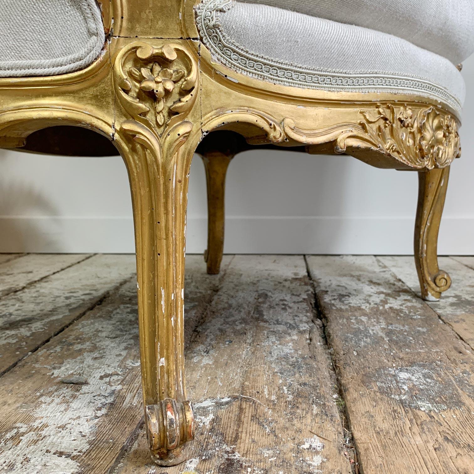 French 19th C Gilt Wood Louis XV Fauteuil Marquise Chair 3