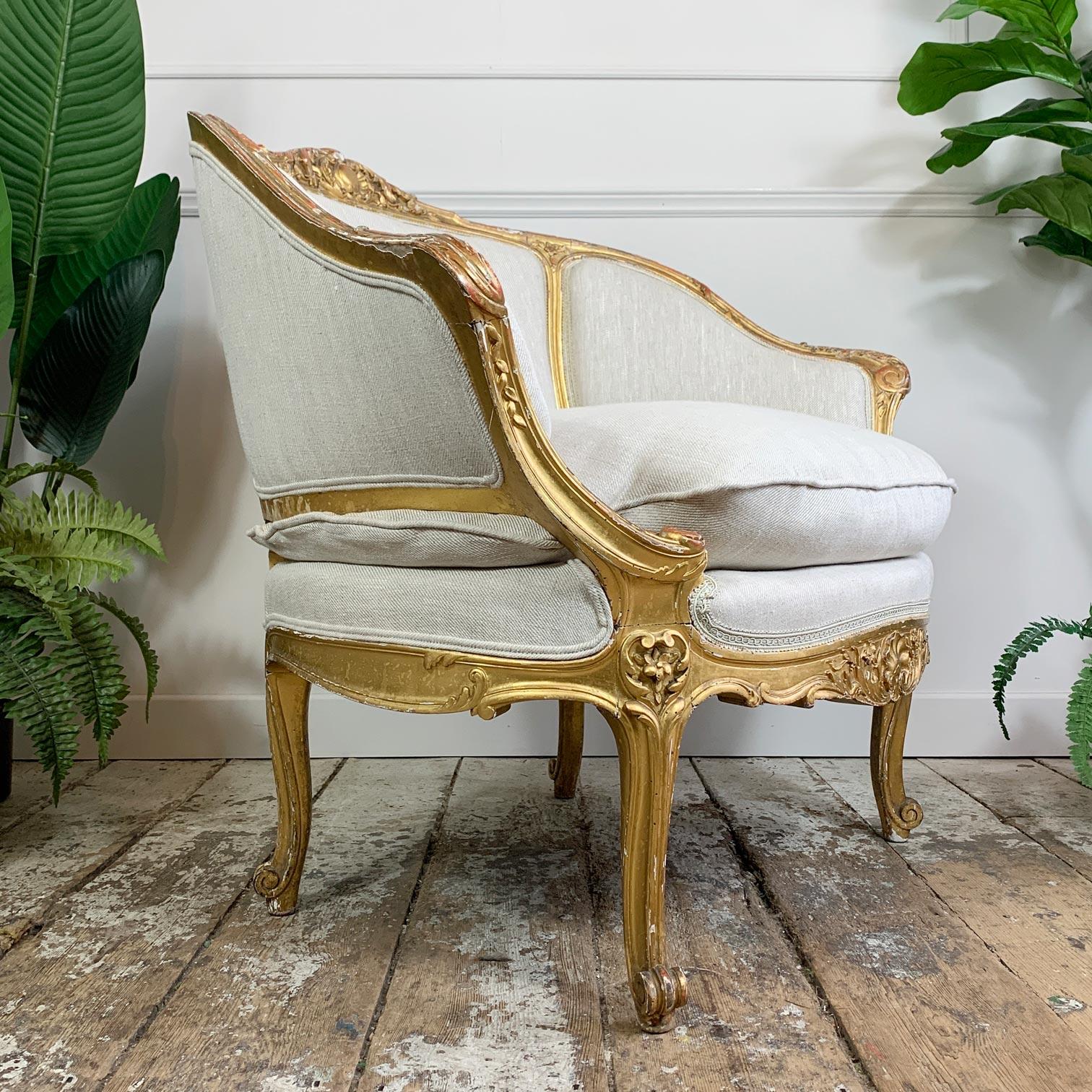 French 19th C Gilt Wood Louis XV Fauteuil Marquise Chair 4