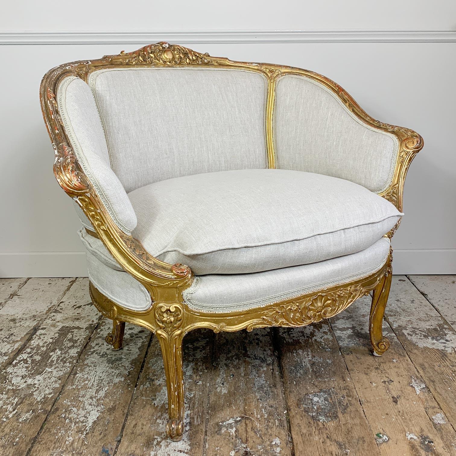 French 19th C Gilt Wood Louis XV Fauteuil Marquise Chair 5