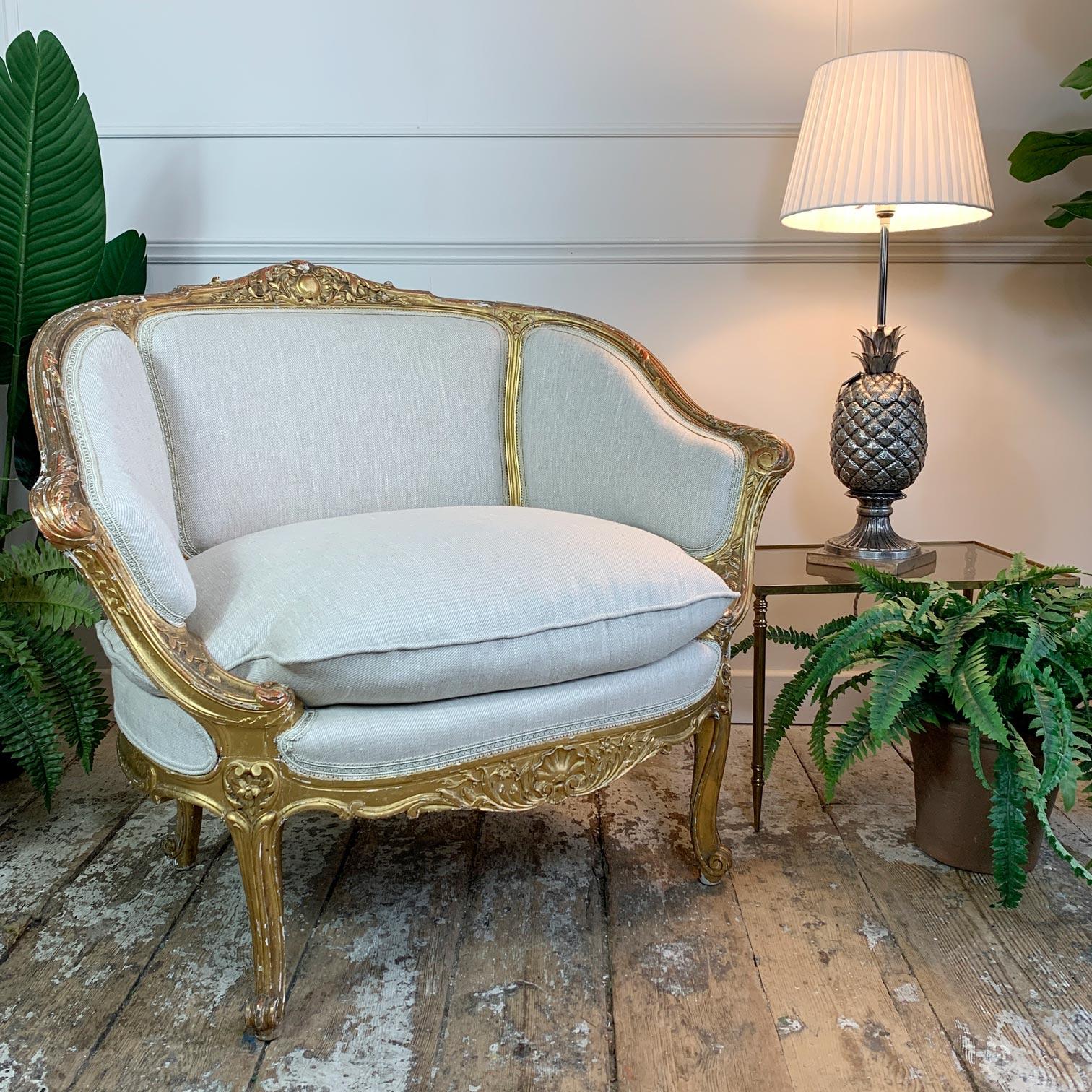 Hand-Carved French 19th C Gilt Wood Louis XV Fauteuil Marquise Chair