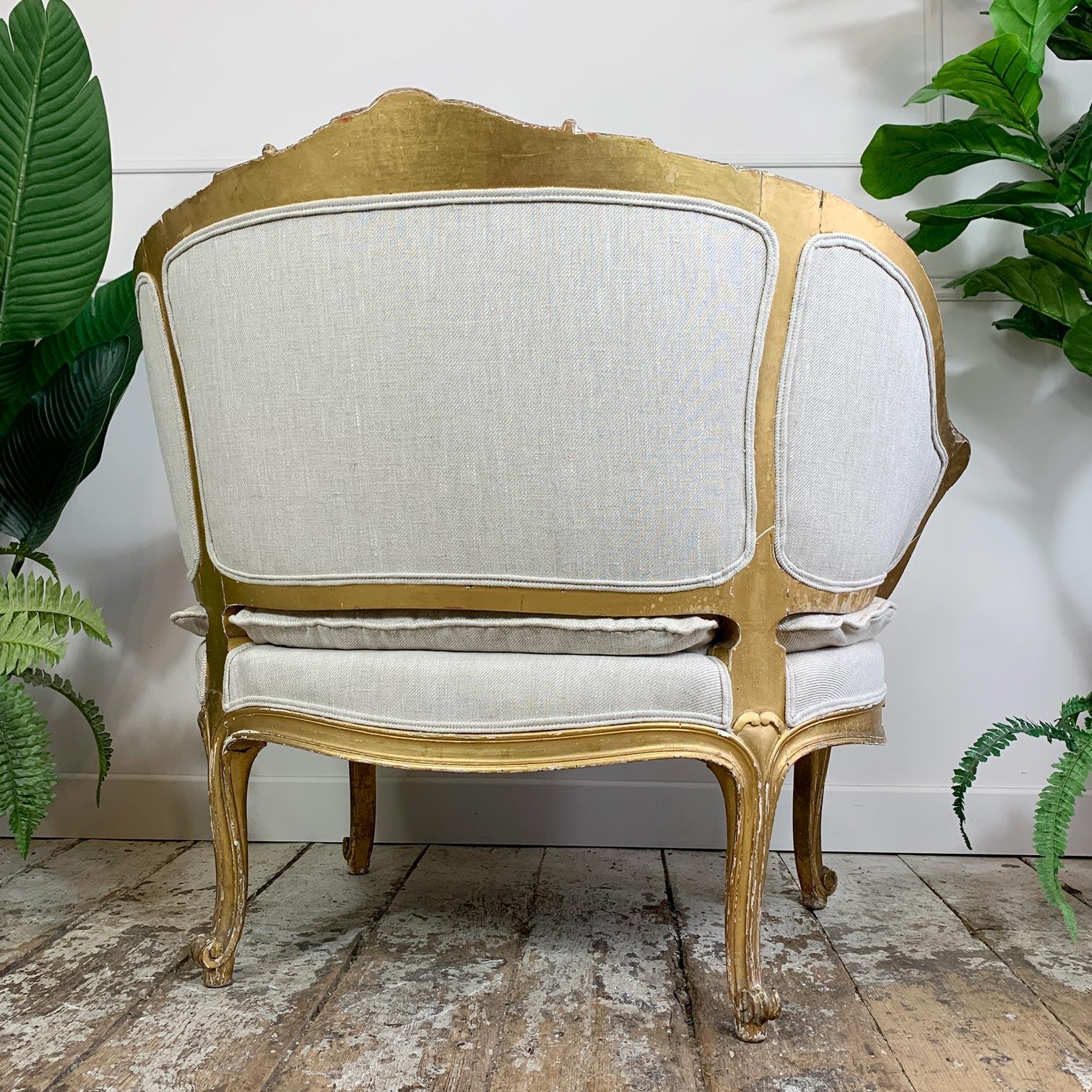 Gesso French 19th C Gilt Wood Louis XV Fauteuil Marquise Chair