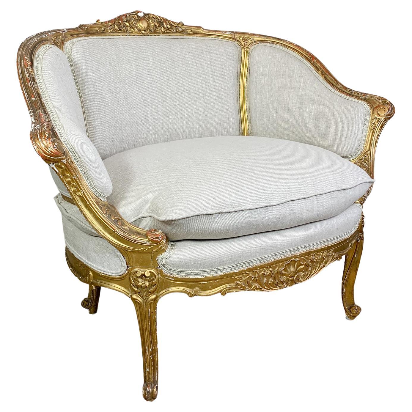 French 19th C Gilt Wood Louis XV Fauteuil Marquise Chair