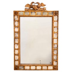 French 19th Century Giltwood Mirror, Pair of Doves On The Crest, Mercury Glass