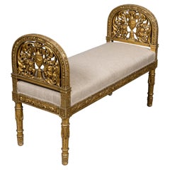 French 19th Century Giltwood Window Bench with Carved Urn Motifs and Upholstery