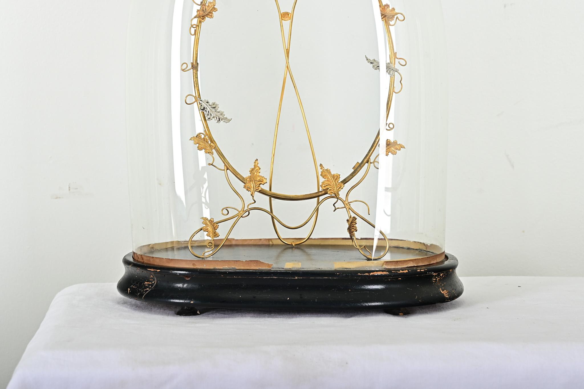 Art Nouveau French 19th Century Glass Dome with Brass Decoration For Sale