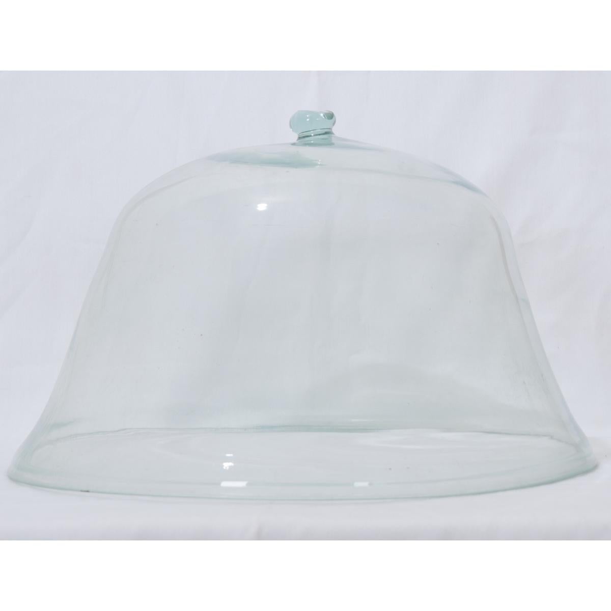 Large, blown-glass melon garden cloche. Formed as a single piece of clear glass with a solid knob handle. This one has a unique and irregular form, with flaws and imperfections that add to its organic characteristics. The solid glass knob has been