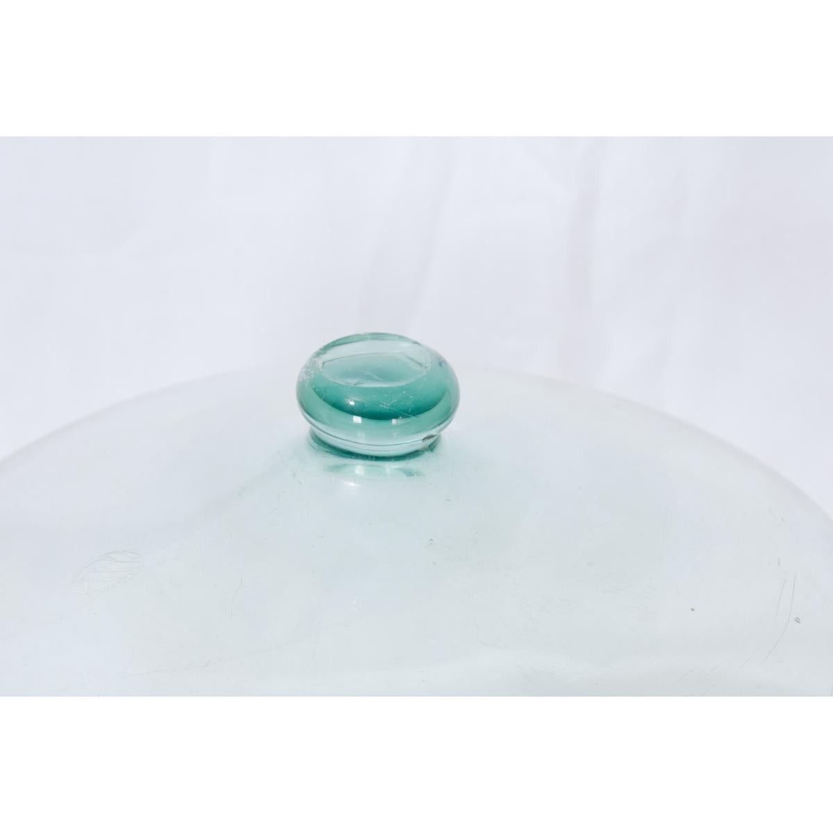 Large, blown-glass melon garden cloche. Formed as a single piece of clear glass with a solid knob handle. This one has a unique and irregular form, with flaws and imperfections that add to its organic characteristics. The solid glass knob has been