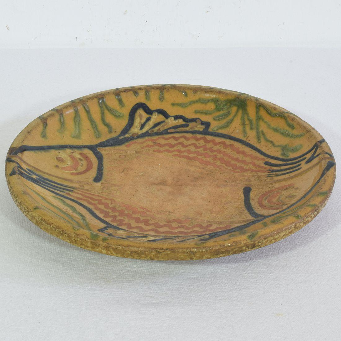 French 19th Century Glazed Folk Art Ceramic Platter/ Bowl Depicting Two Fish For Sale 6