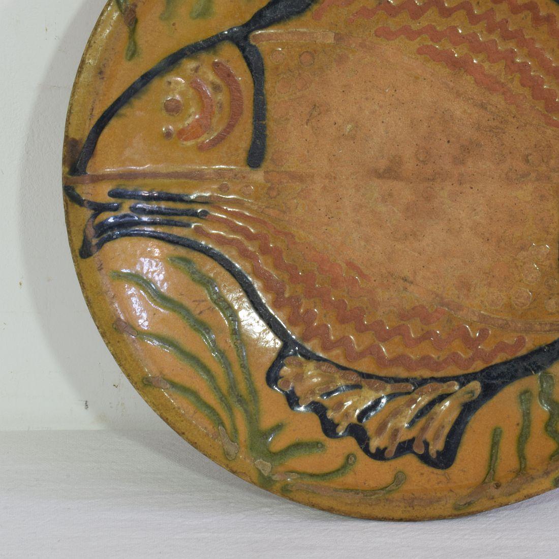 French 19th Century Glazed Folk Art Ceramic Platter/ Bowl Depicting Two Fish For Sale 3
